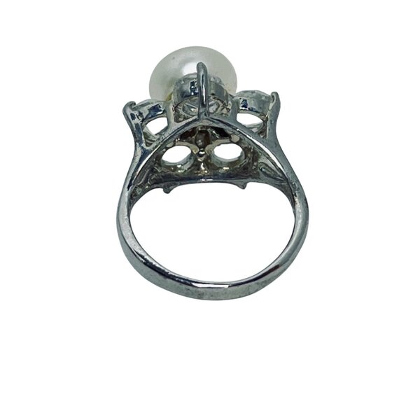 Silver Tone Clear Rhinestones And Faux Pearl Floral Statement Ring Size 6 (R448) - Picture 7 of 8